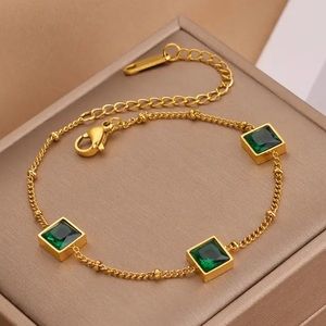 Gold Chain Bracelet with Green Square Gemstones